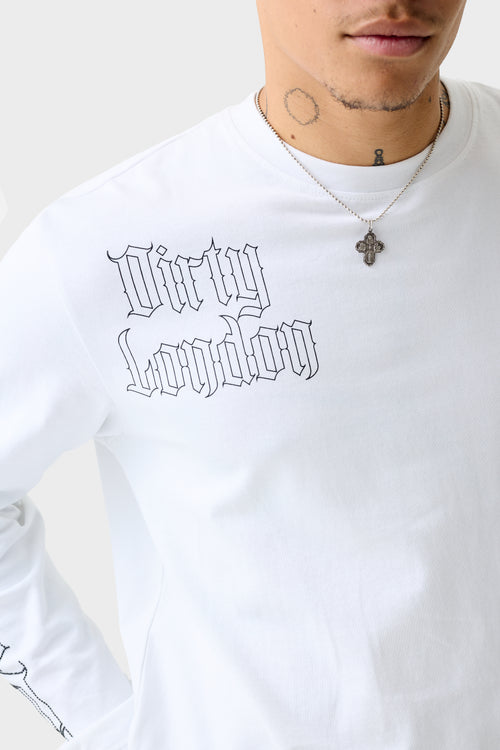 Front close-up of the white acid‑wash long‑sleeve T‑shirt showing printed 'Dirty London' script across front upper right chest and relaxed crew neck.